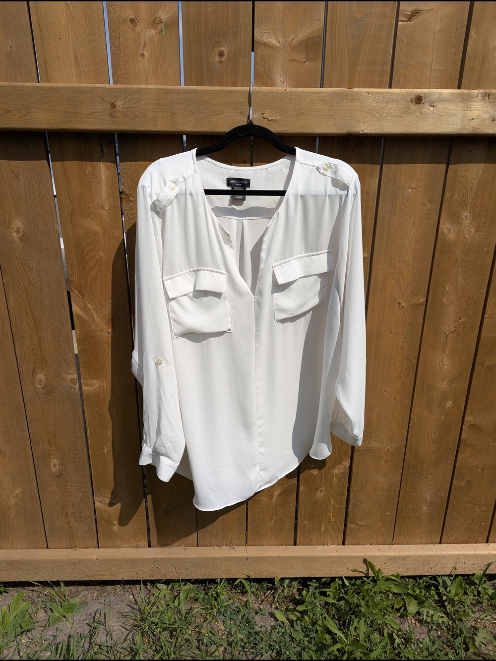 Plus Sized Split Neck Utility Blouse Roll Sleeve Minimalist Office Siren Blouse - Picture 9 of 17